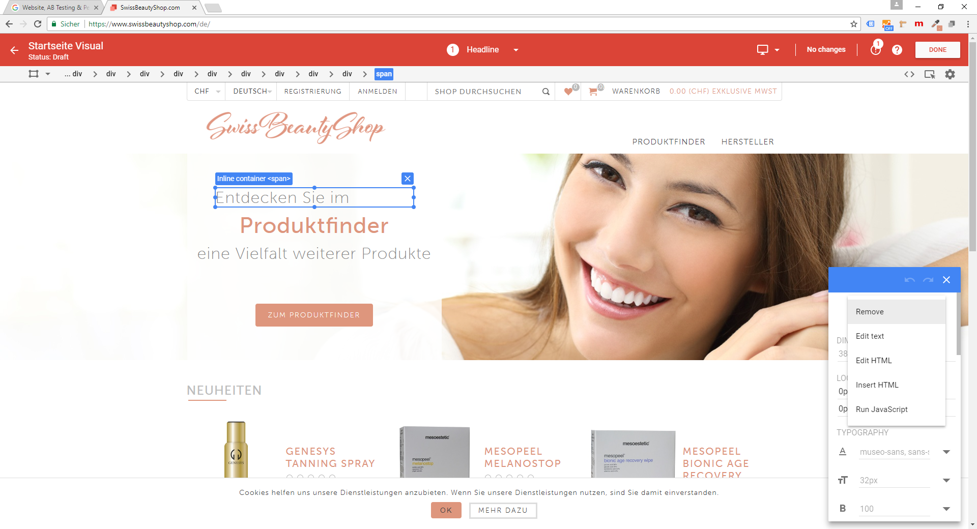 Screenshot aus Google Optimize - Variante der Shop Seite des Kunden Vamedis